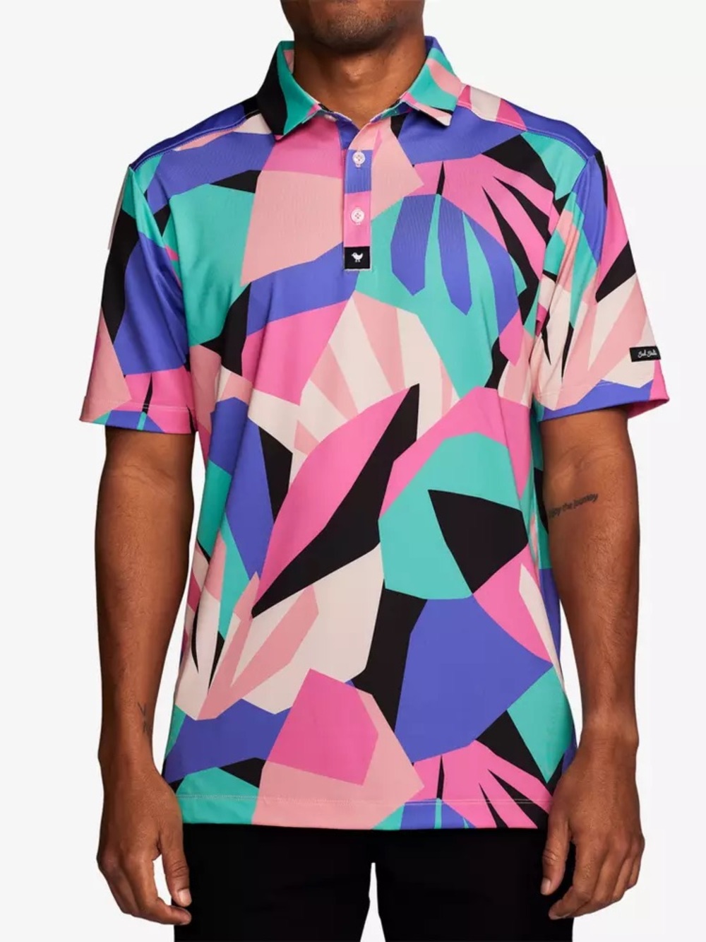 Bad Birdie Men's Colorblock Abstract Print Polo Shirt - Pink/Teal/Blue